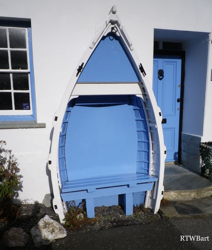 BLUE BOAT BENCH SEAT BOSCASTLE CORNWALL