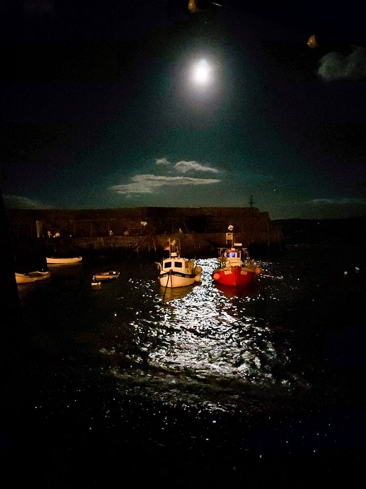 MOON OVER CLOVELLY HARBOUR FISHING BOATS DEVON