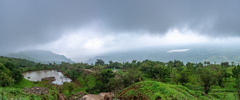 Vadatalav lake - Panoramic view in monsoon from bhadrakali temple area of pavagadh mountain, gujrat, india
