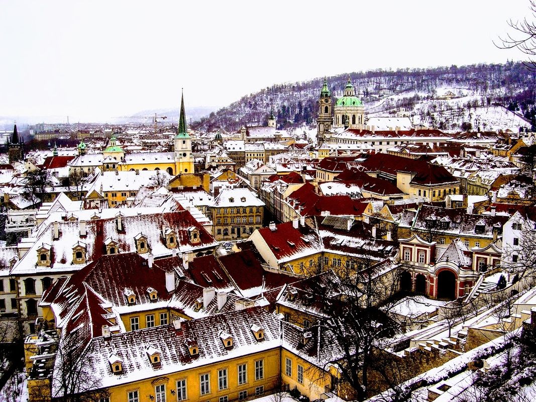 The snowy rooftops of Prague