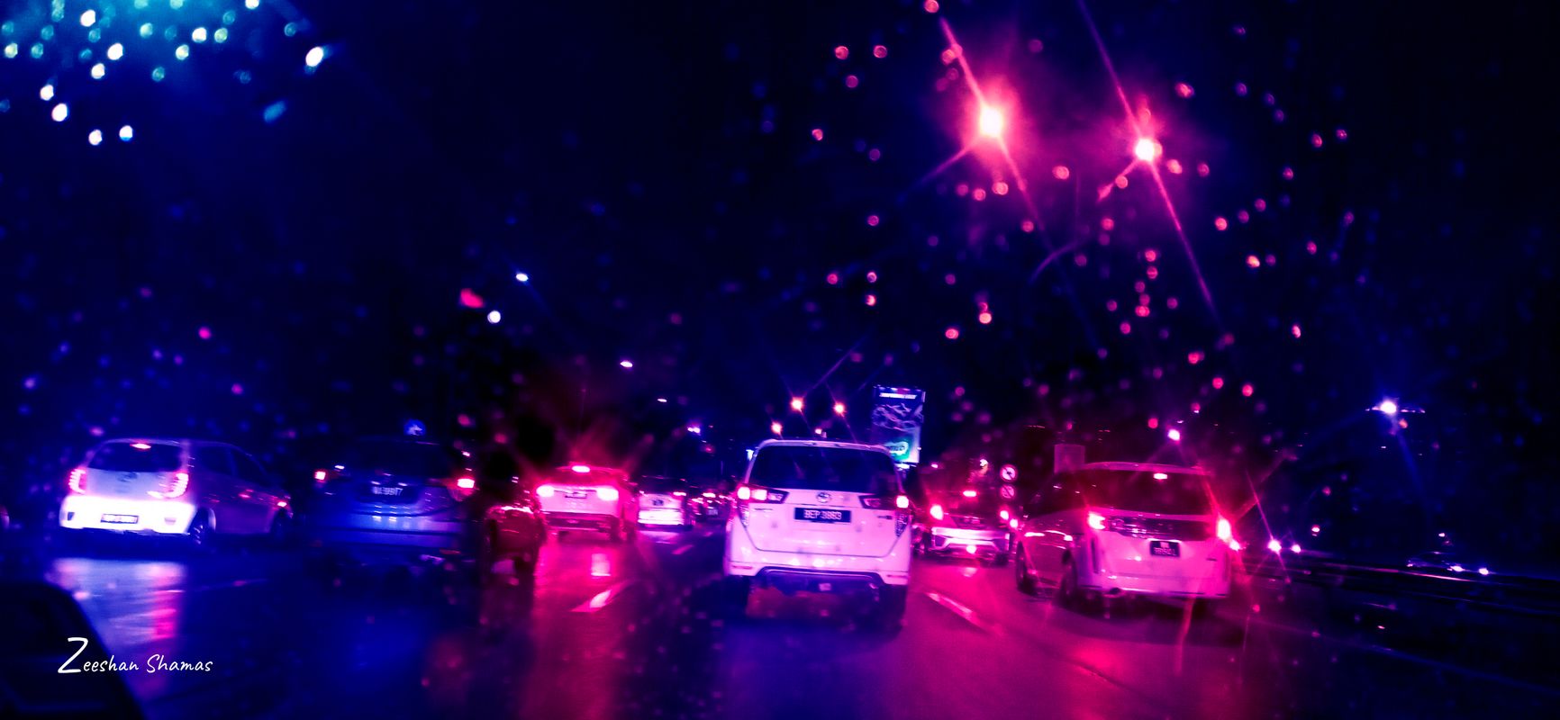 Night Rain View In Highway.