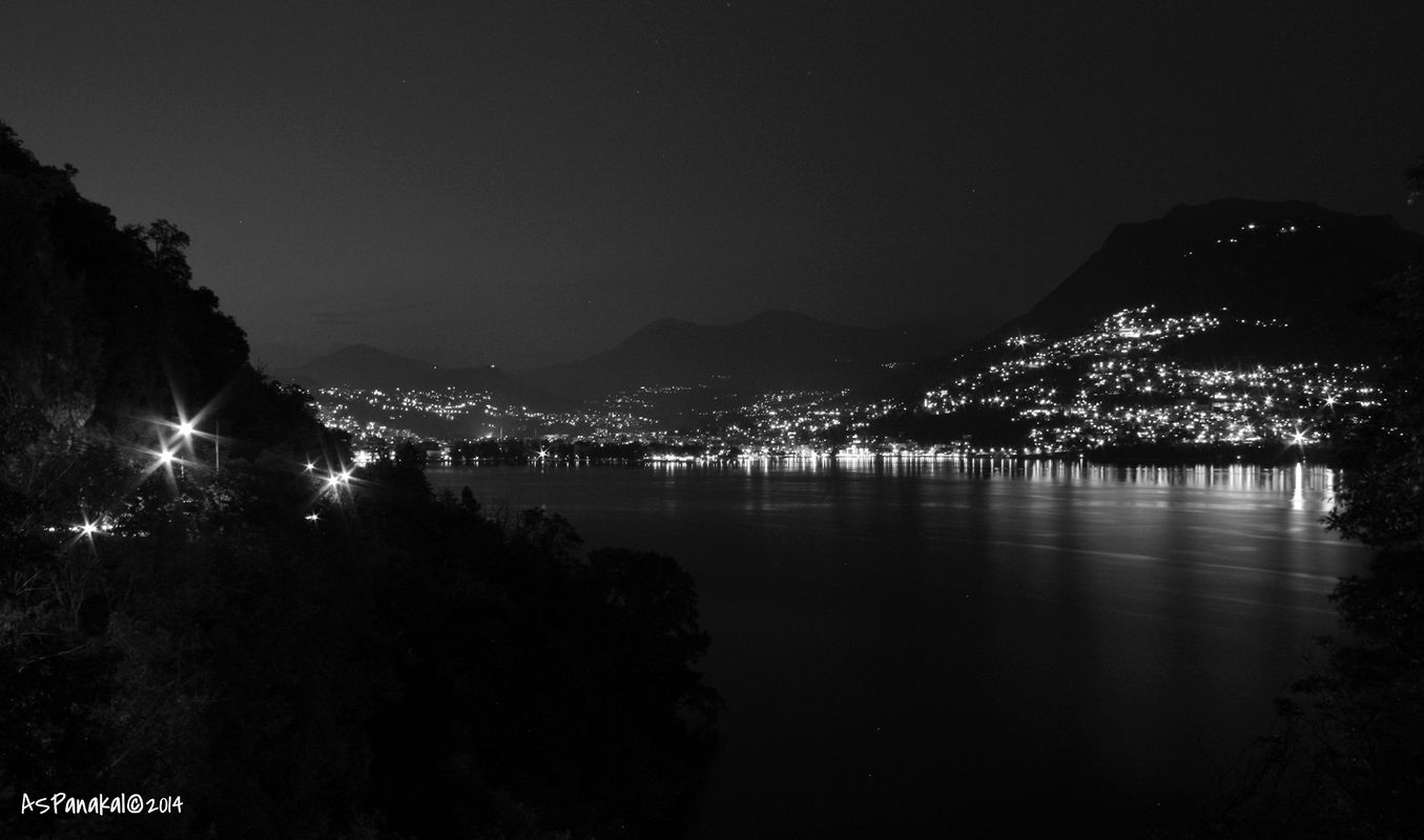 Lugano landscape by night. Ticino, Switzerland.