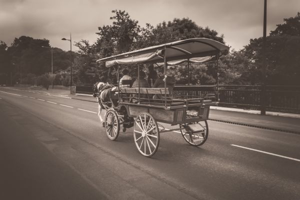 Vintage Style Image of Tourists in Horse Drawn Carriage in Ireland, Sepia Dark