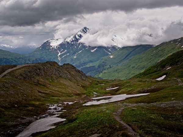 View from Thompson Pass summit overlook. Chugach Mountains, Alaska, USA