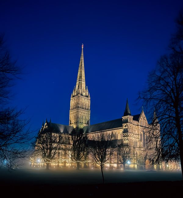 Salisbury cathedral at night