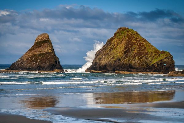 Wave Crashing Against Sea Stack. Heceta Head Beach, Oregon Coast