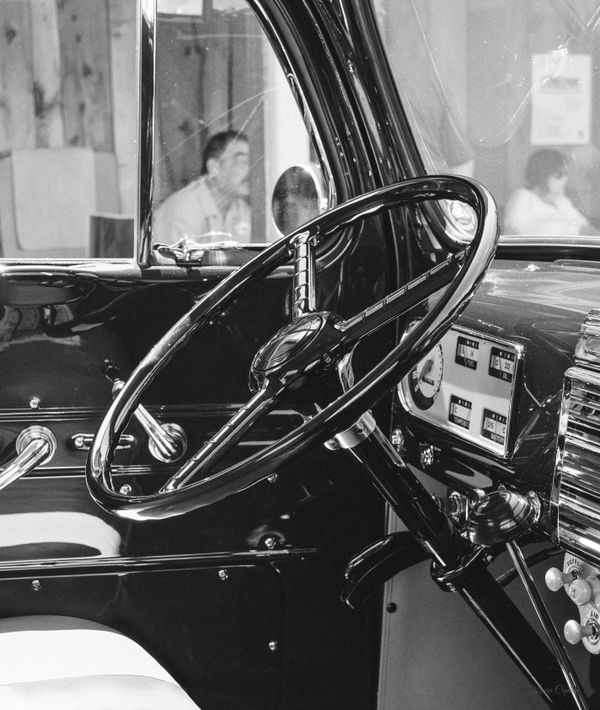 Black & White Interior shot of a vintage 1950 Ford F-1 truck